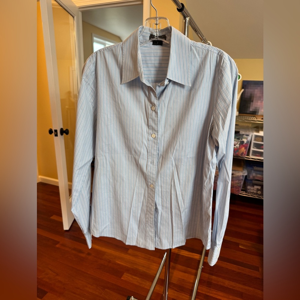 Theory Blue White Striped Button Down Shirt Lightweight Long Sleeve Blouse M